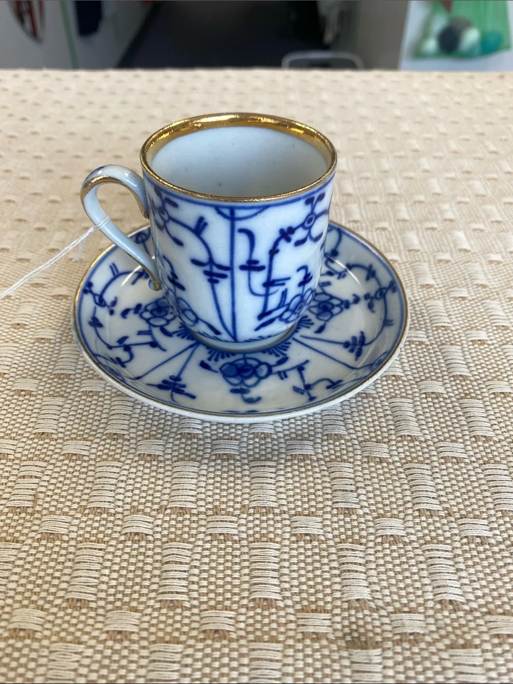 Blue and White Porcelain Demitasse Cup & Saucer with Gold Trim